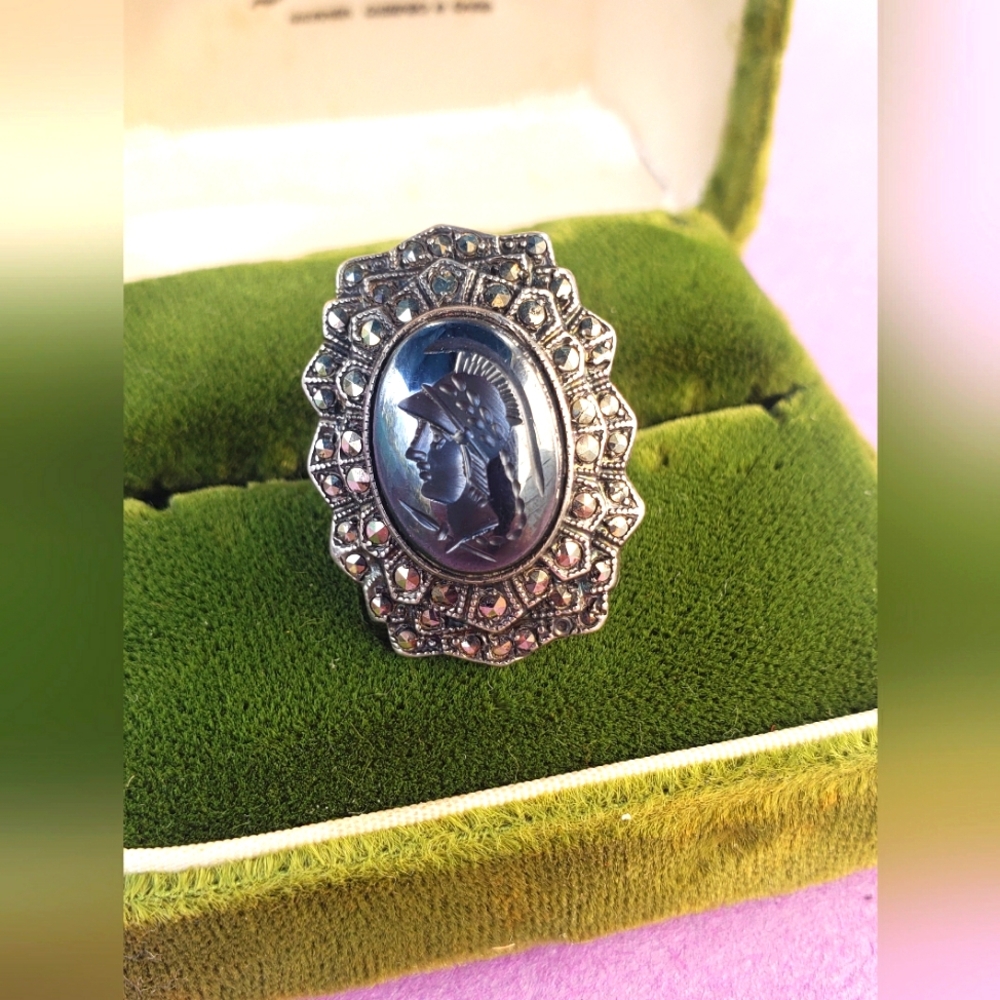 Art deco Carved Hematite Sterling Intaglio Cameo Ring